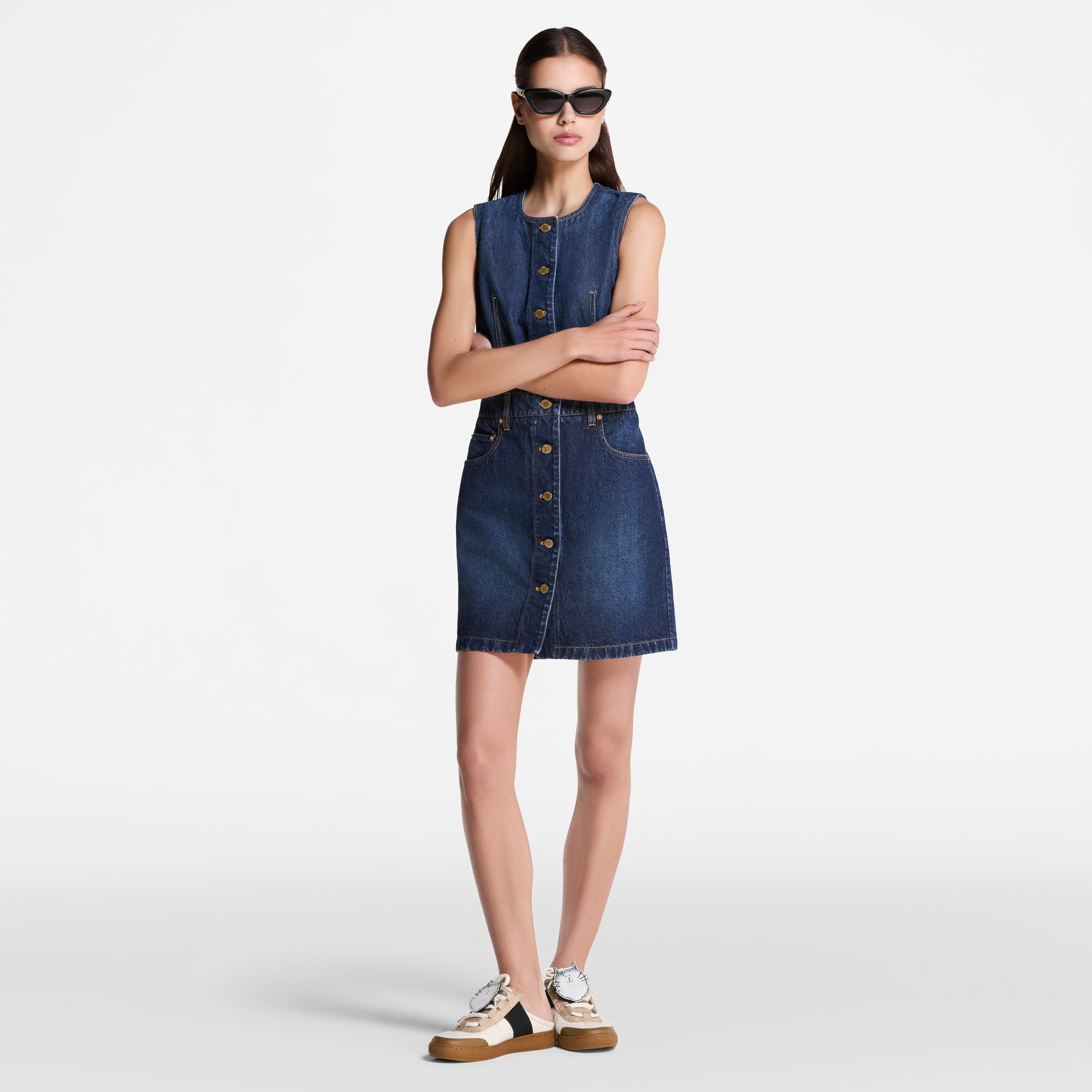 Button Front Washed Denim Dress  in Women