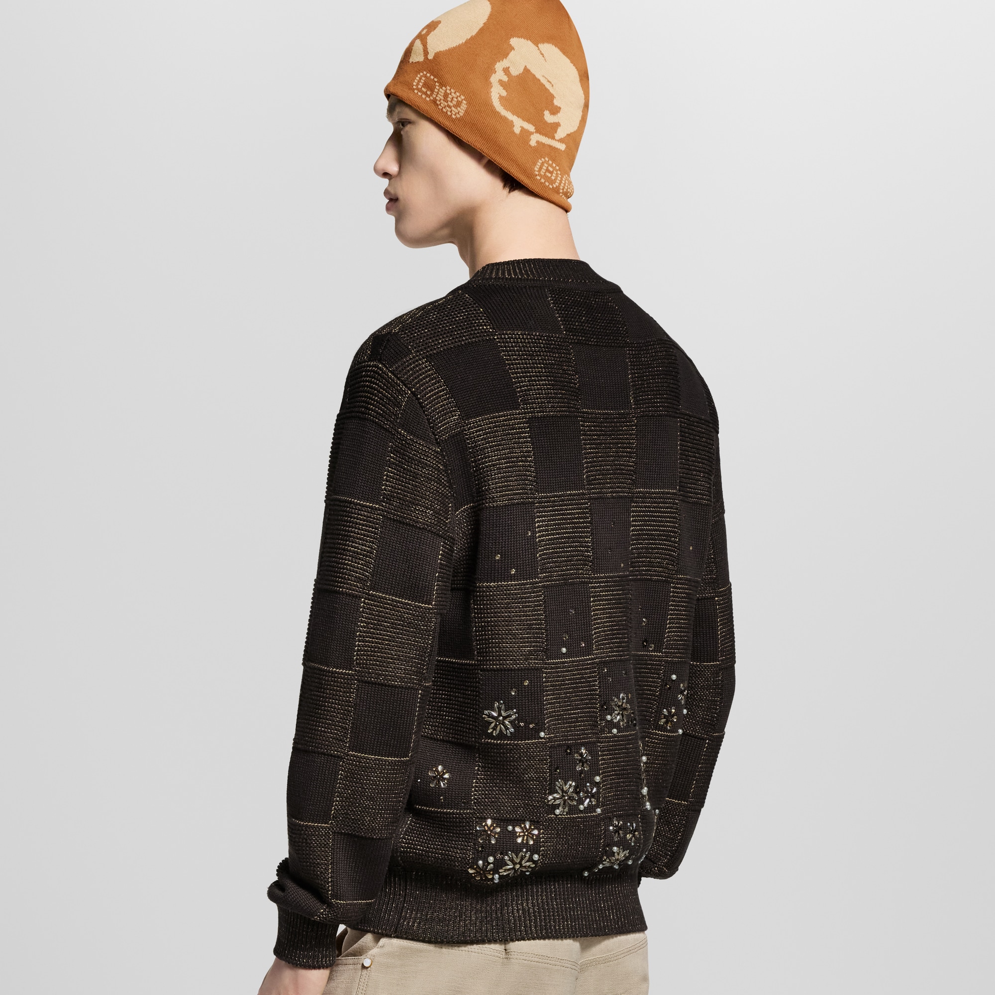 Damier Embroidered Long-Sleeved Crewneck  in Men