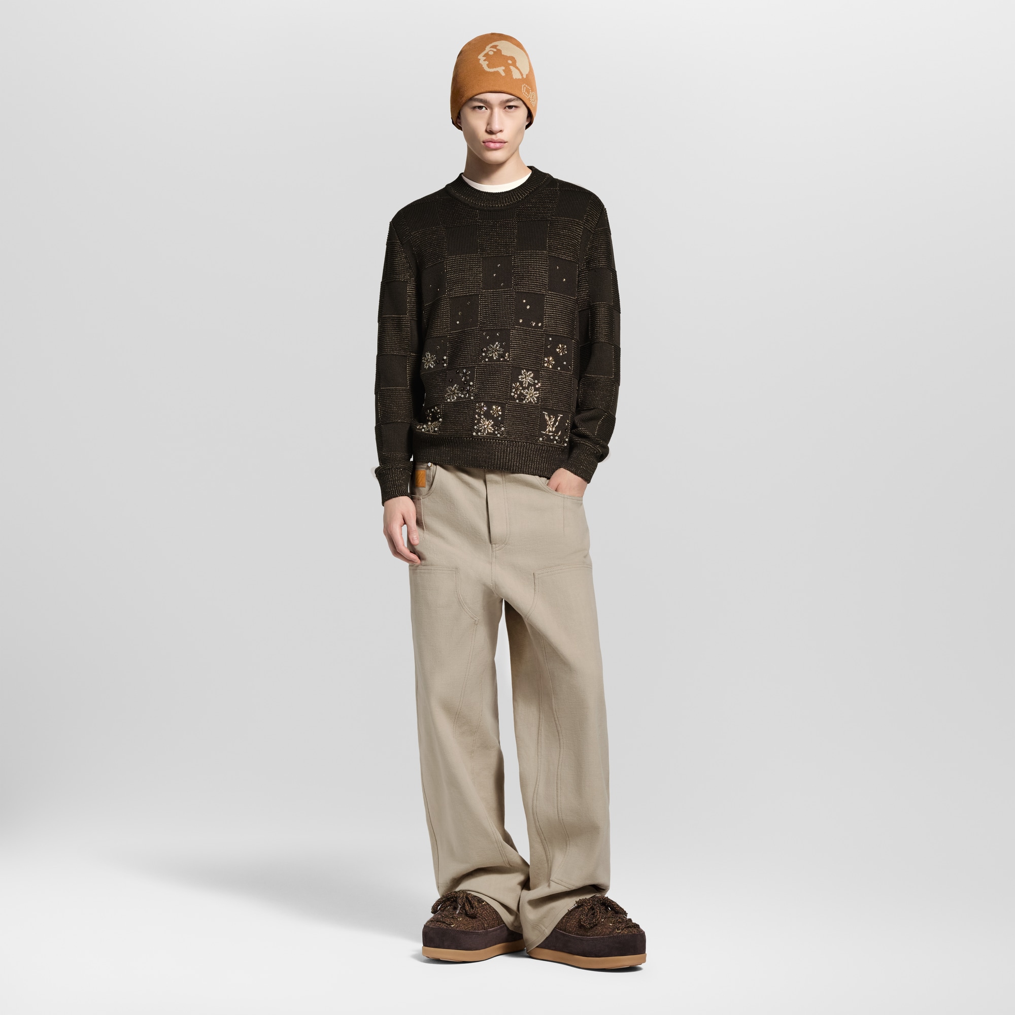 Damier Embroidered Long-Sleeved Crewneck  in Men