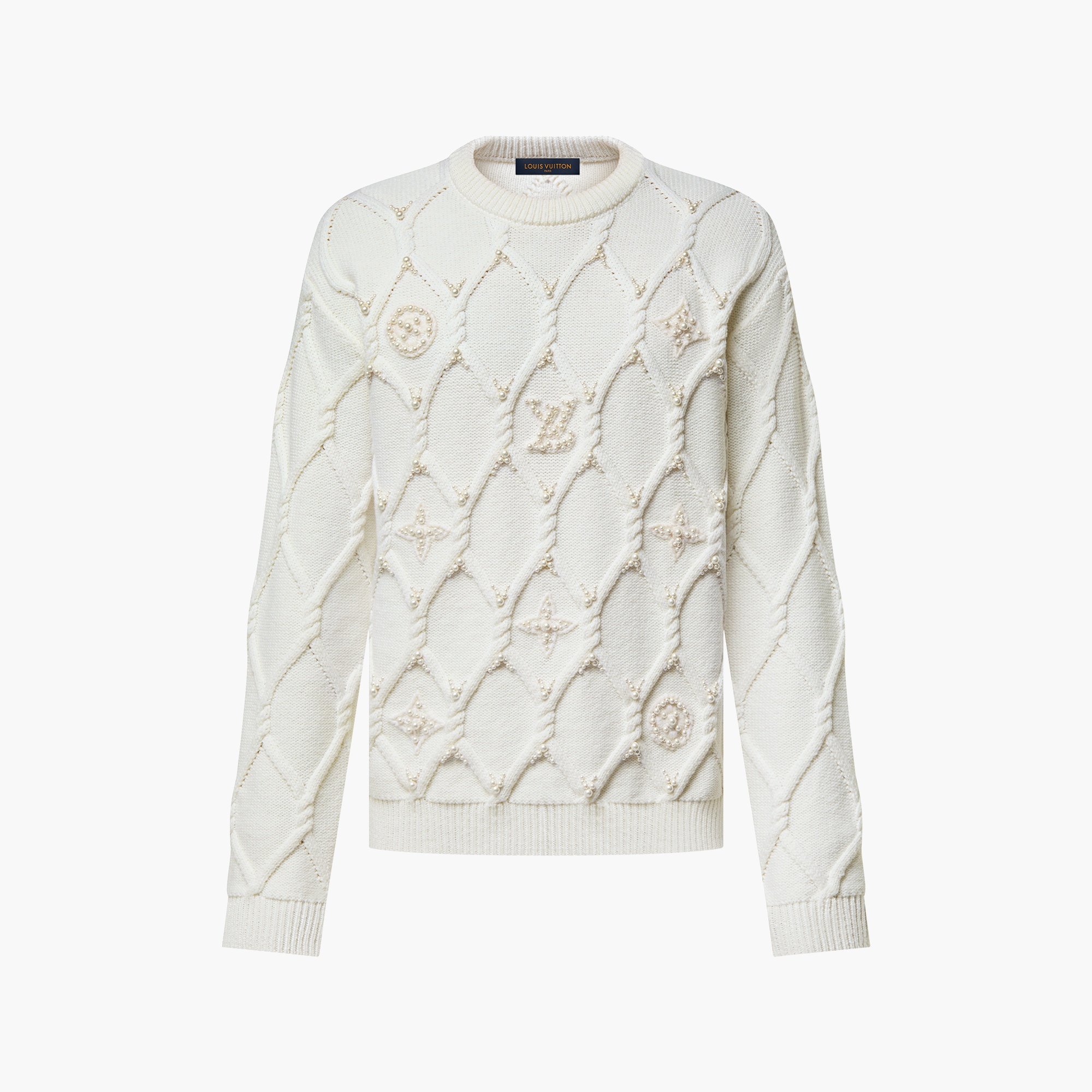 Embellished Cable Knit Wool Blend Pullover