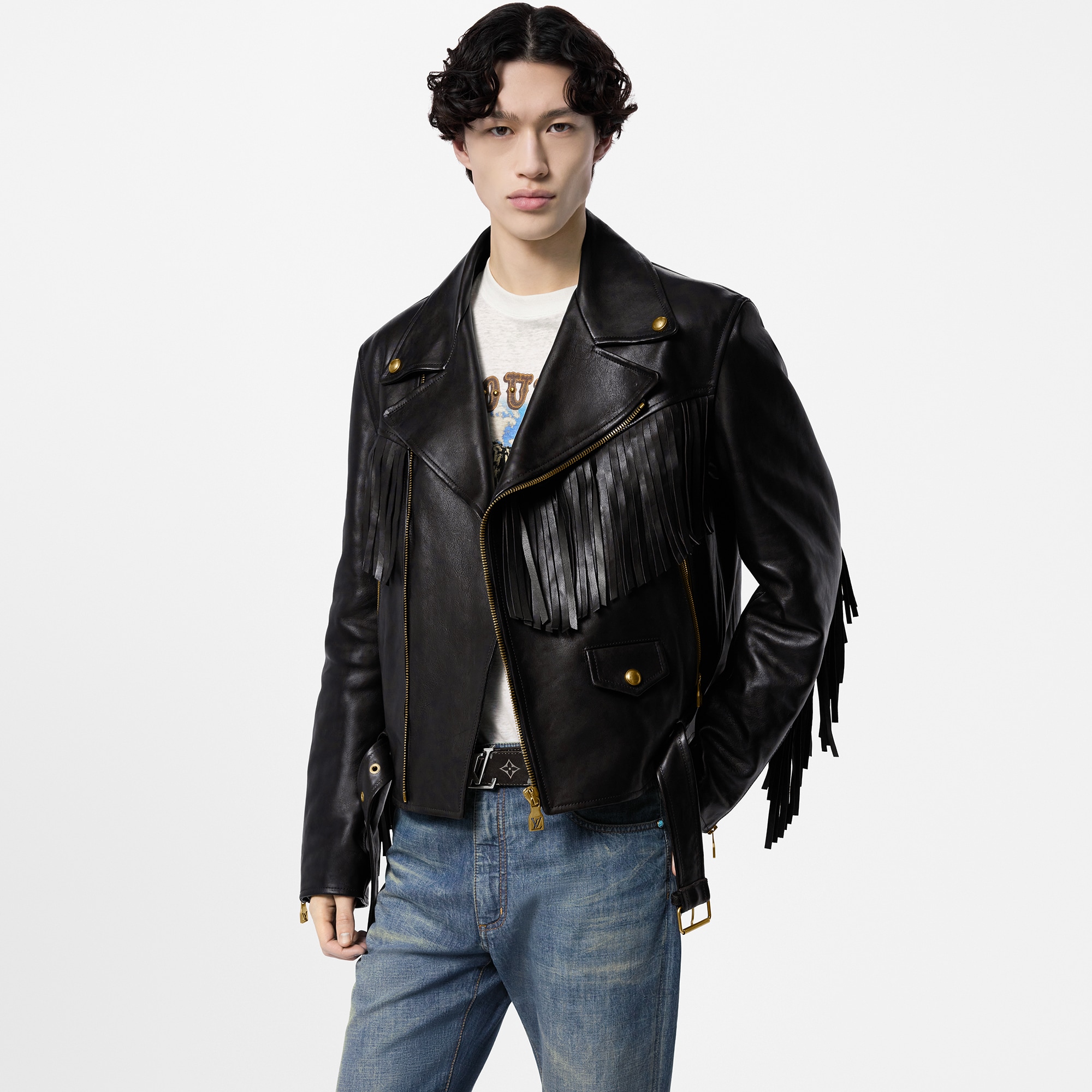 Fringed Leather Biker Jacket  in Men