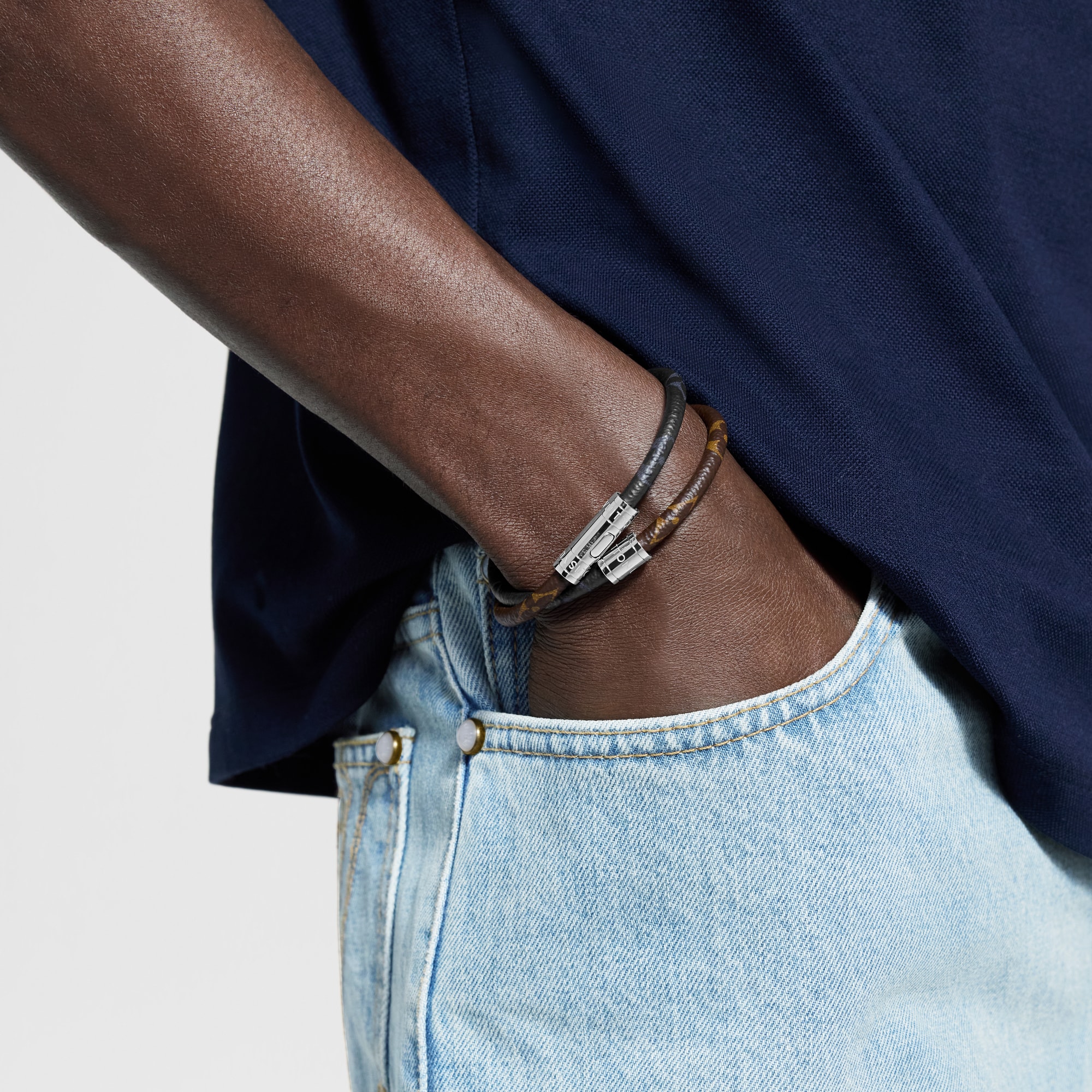 Silver Louis Vuitton Mens Leather Bracelet Keep It Double Bracelet