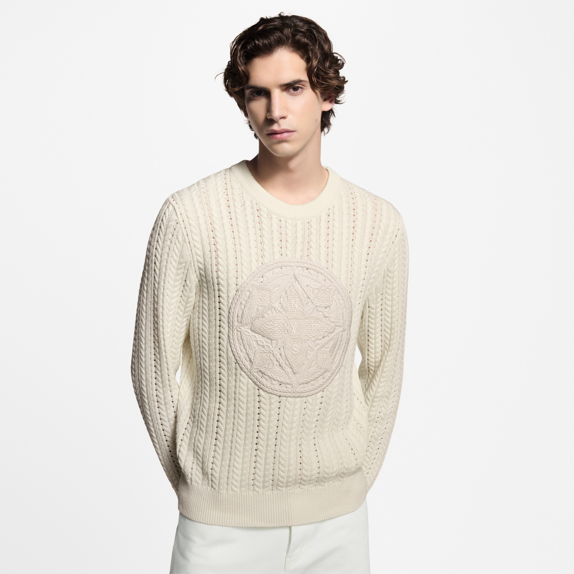 Long-Sleeved Cable-Knit Crewneck  in Men
