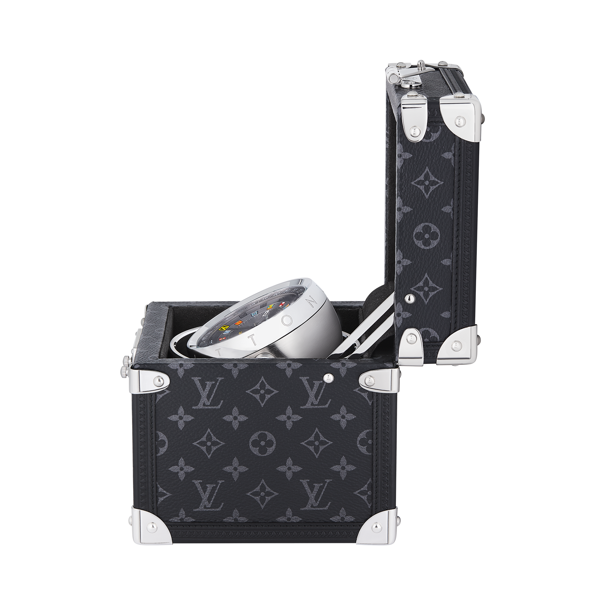 ساعة منضدة Trunk، كوارتز، 80 مم، فولاذ مقاوم للصدأ، نقشة Monogram eclipse  in الساعات